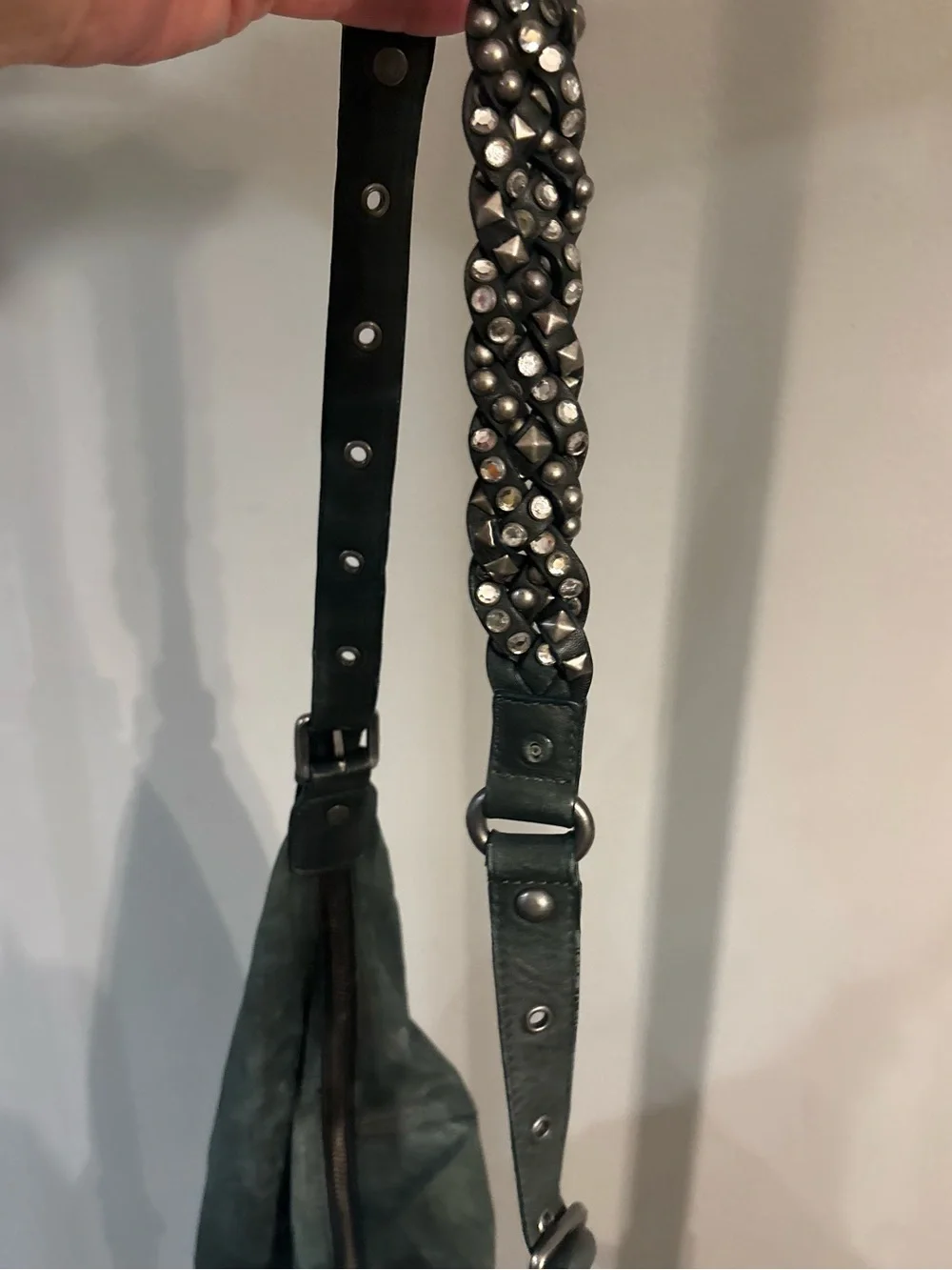ASH deep green Distressed Leather Studded Braided Strap Hobo Shoulder Bag